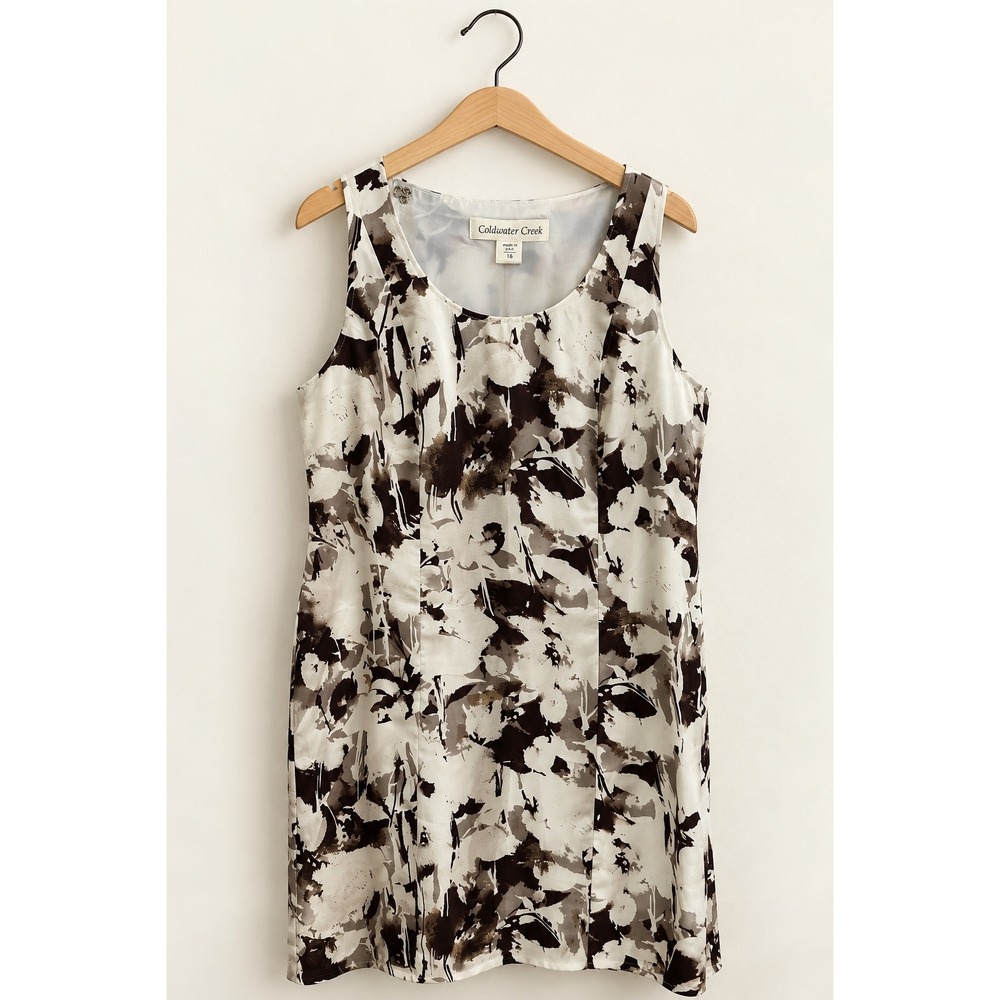 Coldwater Creek Womens 16 Abstract Floral Sheath Dress White Brown Sleeveless